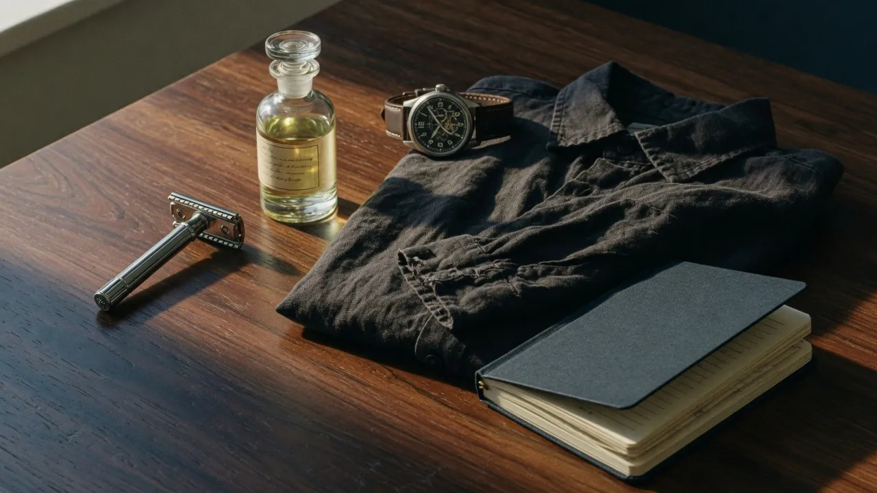 A still life of selected objects for men: a razor, a watch, a notebook, and a folded shirt on walnut.
