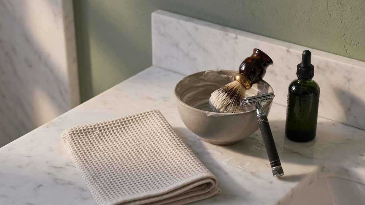 A marble bathroom counter with a safety razor, shaving brush, ceramic bowl, and dark glass bottle in morning light.