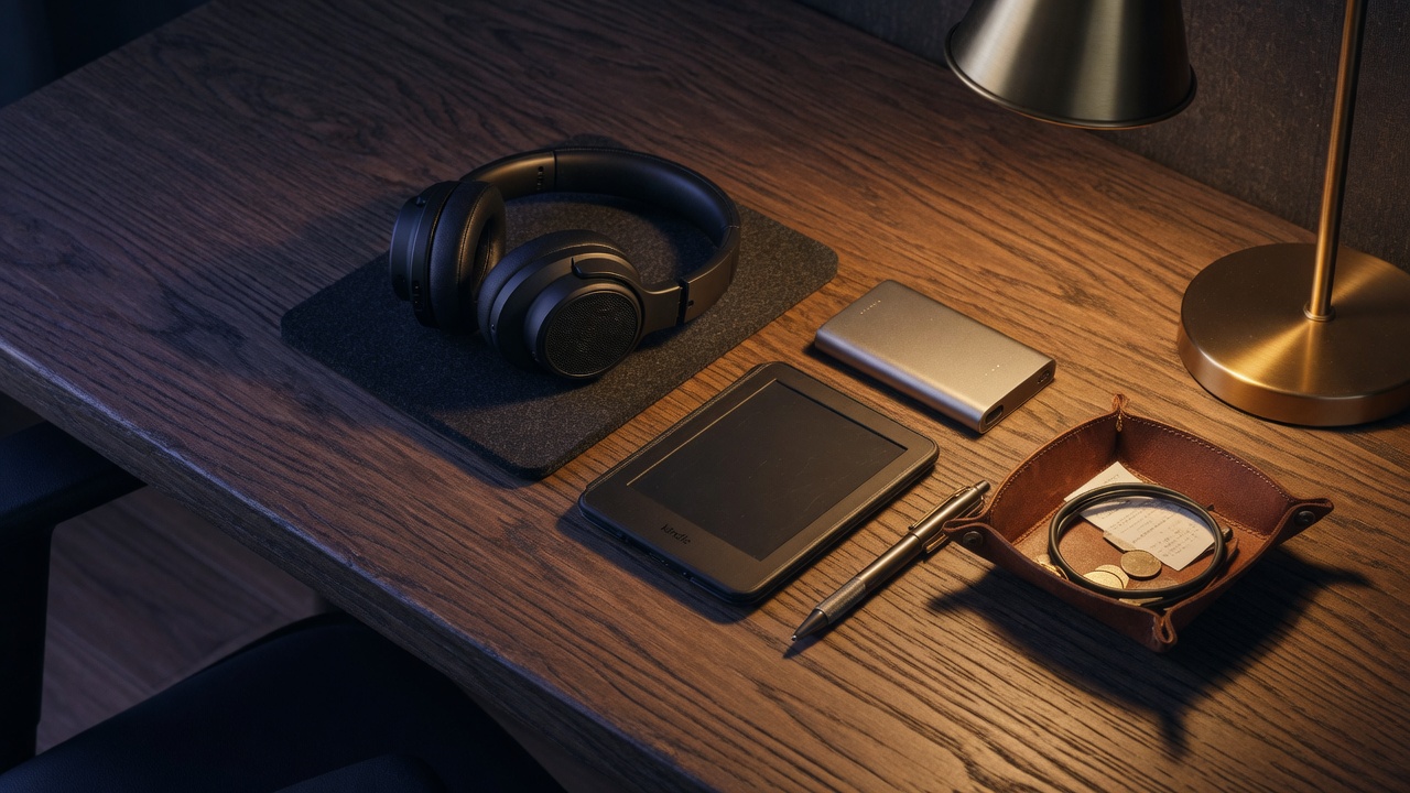 Headphones, a slim power bank, and a notebook arranged on a dark oak desk under a warm lamp.